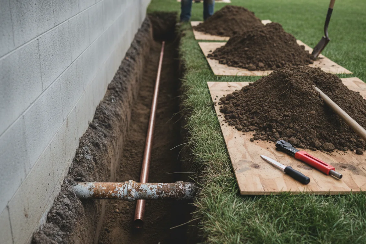 Excavated water line trench during Sewer Line Repair in Belle Haven